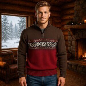 Vintage Y2K Eddie Bauer Men Fair Isle Nordic 1/4 Zip Sweater Size L Ski Lodge